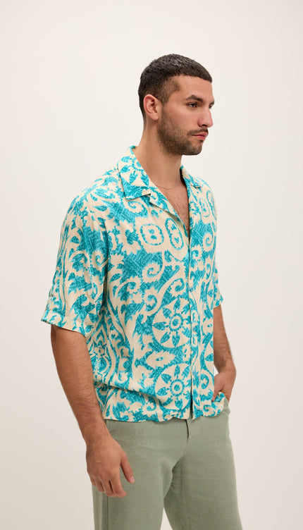 Allover Floral Pattern Oversized Relaxed Shirt - Blue - Ron Tomson