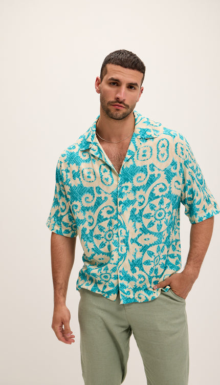 Allover Floral Pattern Oversized Relaxed Shirt - Blue - Ron Tomson
