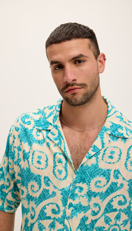 Allover Floral Pattern Oversized Relaxed Shirt - Blue - Ron Tomson