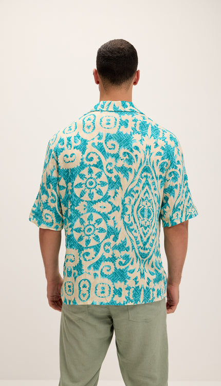 Allover Floral Pattern Oversized Relaxed Shirt - Blue - Ron Tomson