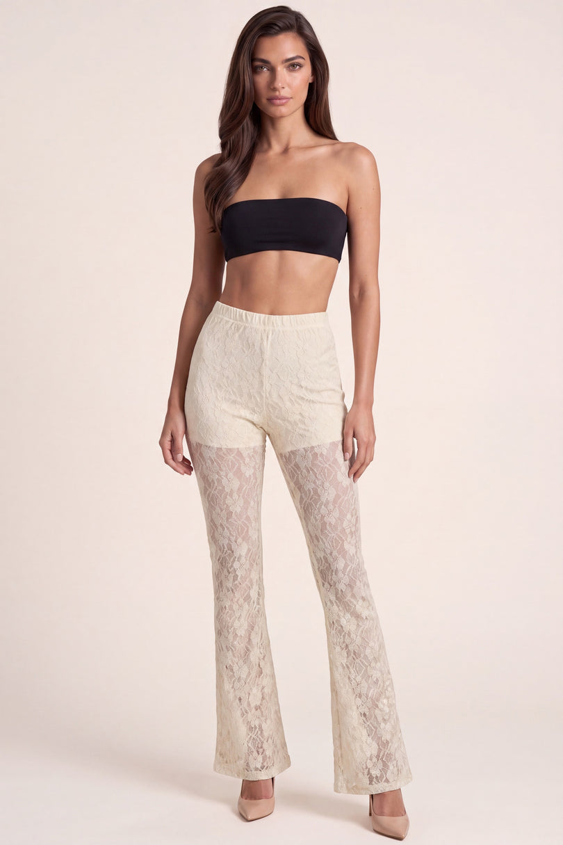 Lace Flare Pants - Beige - front view
