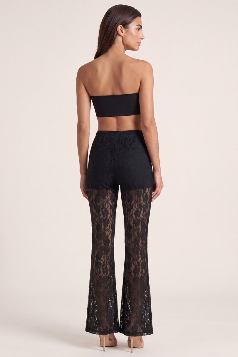 Allover Lace Flare Pants - Black - back view