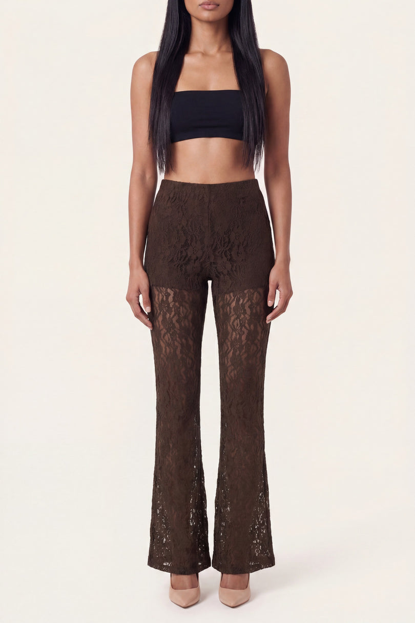 Allover Lace Flare Pants - Brown - detail view