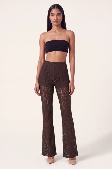 Allover Lace Flare Pants - Brown - front view