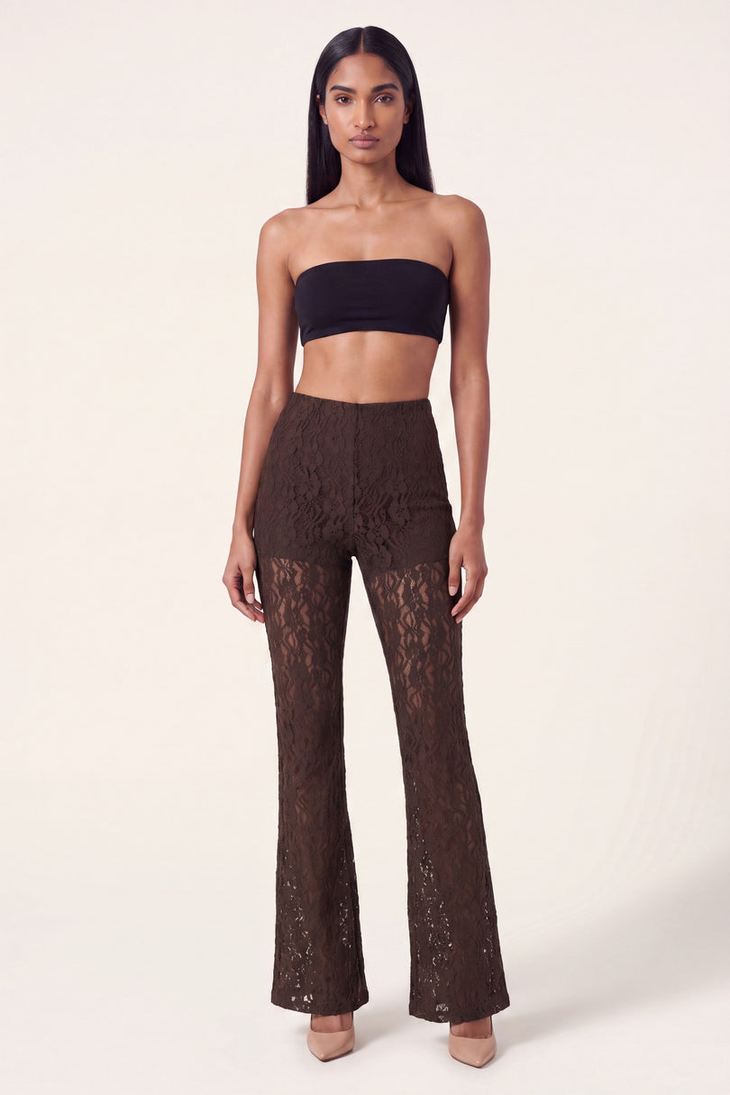 Allover Lace Flare Pants - Brown - front view