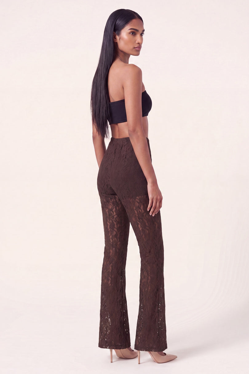 Allover Lace Flare Pants - Brown - side view