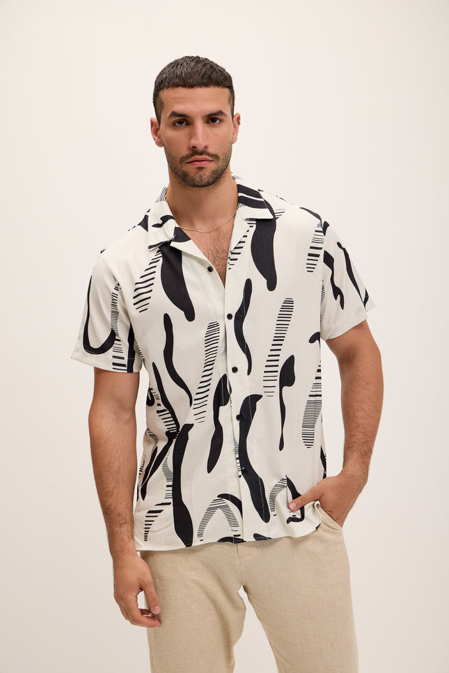 Allover Pattern Camp Collar Shirt - Black White - Ron Tomson