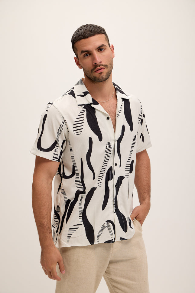 Allover Pattern Camp Collar Shirt - Black White - Ron Tomson