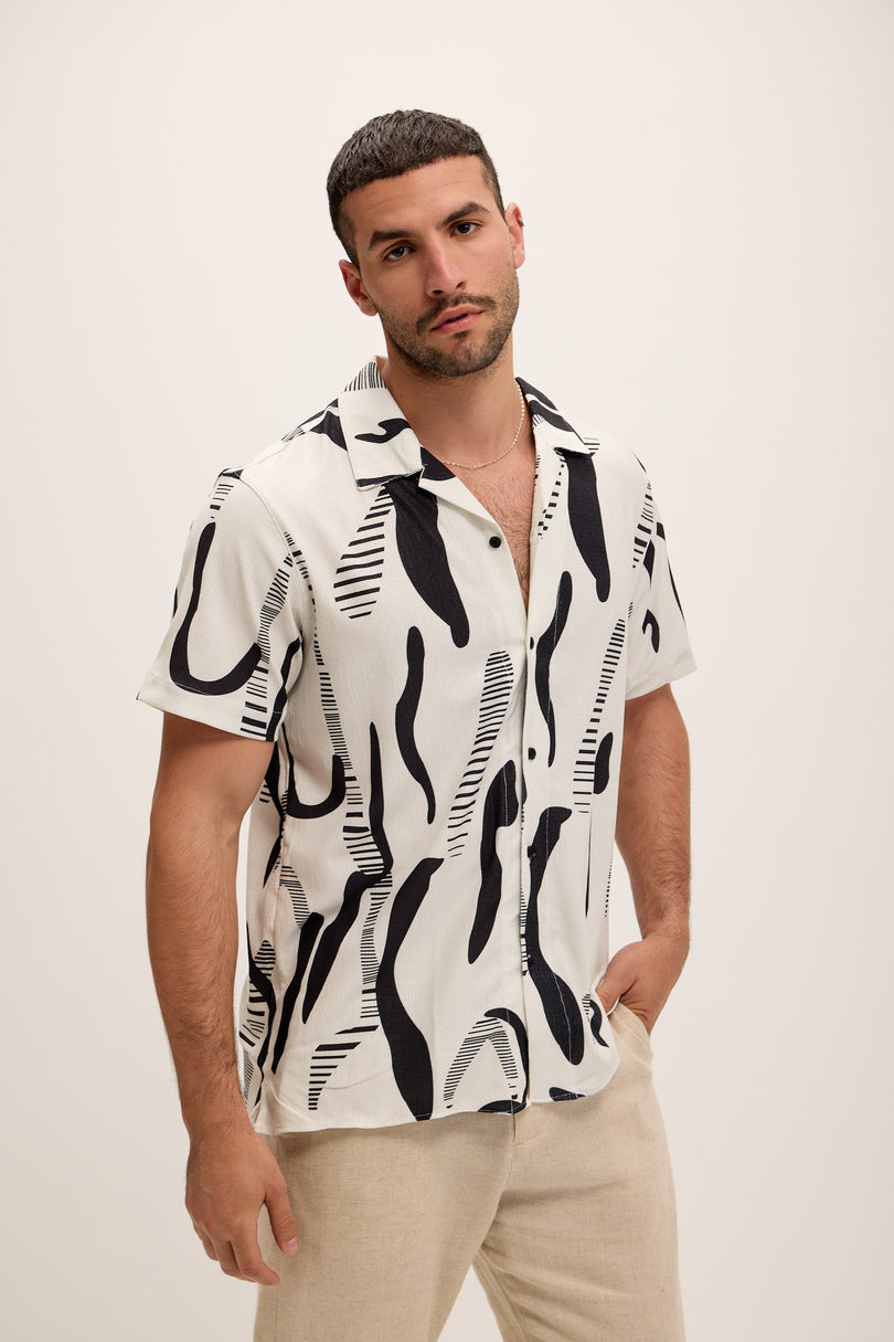 Allover Pattern Camp Collar Shirt - Black White - Ron Tomson