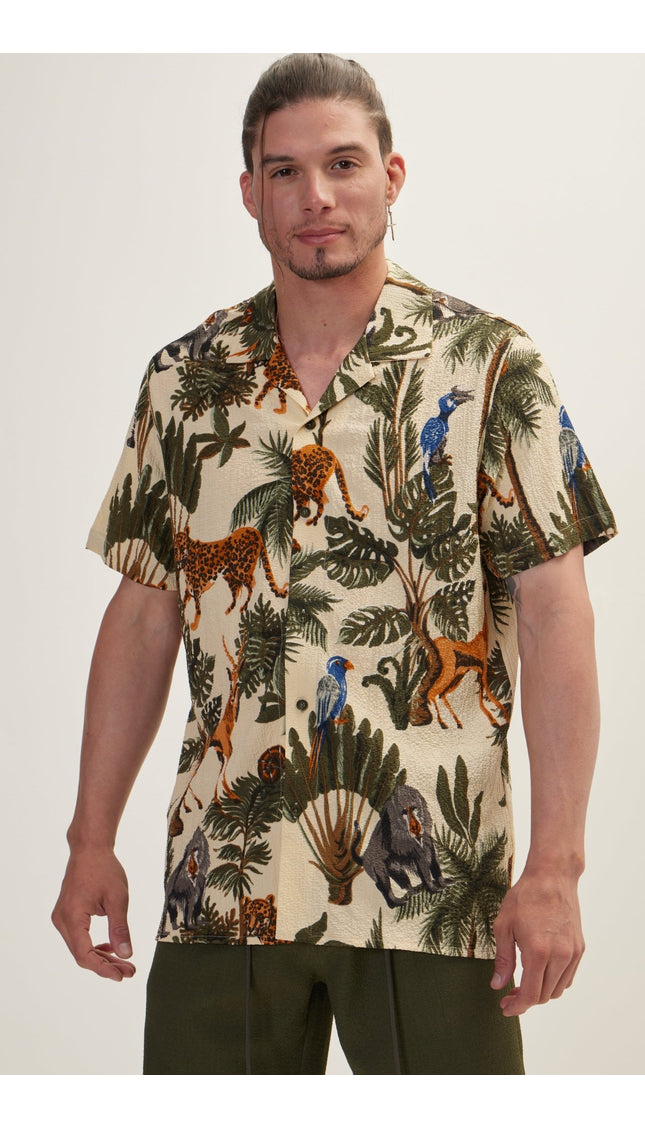 Allover Pattern Camp Collar Shirt - Green - Ron Tomson
