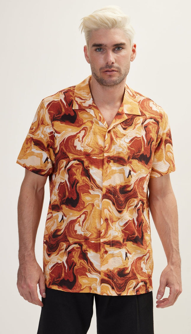 Allover Pattern Camp Collar Shirt - Tile - Ron Tomson