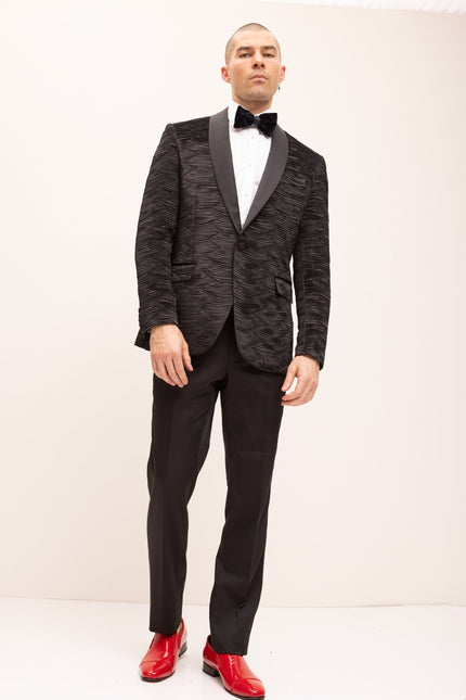 Allover Pleated Satin Tuxedo Jacket - Jet Black - Ron Tomson