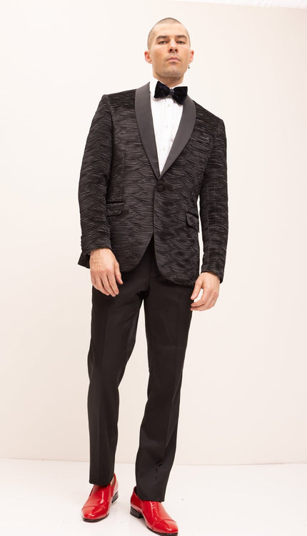 Allover Pleated Satin Tuxedo Jacket - Jet Black - Ron Tomson