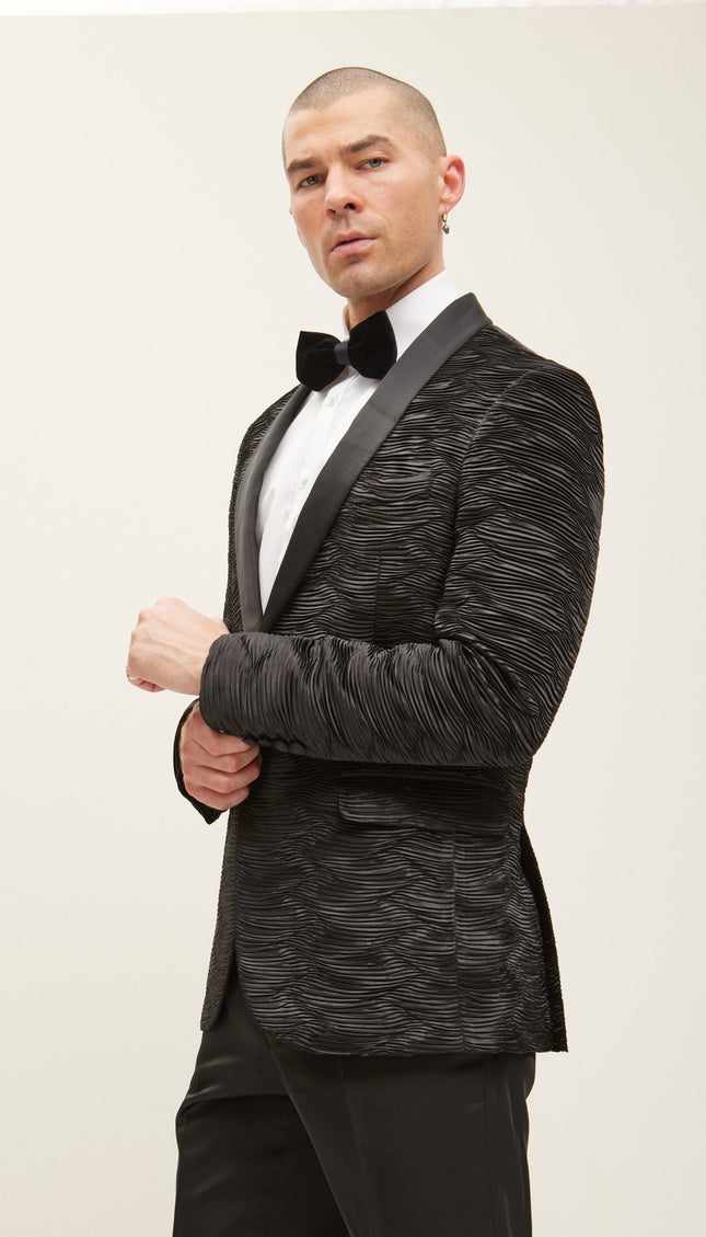 Allover Pleated Satin Tuxedo Jacket - Jet Black - Ron Tomson