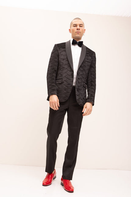 Allover Pleated Satin Tuxedo Jacket - Jet Black - Ron Tomson