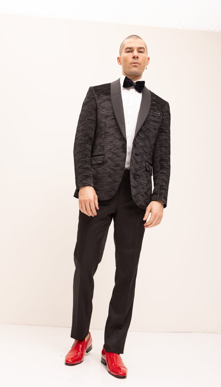 Allover Pleated Satin Tuxedo Jacket - Jet Black - Ron Tomson