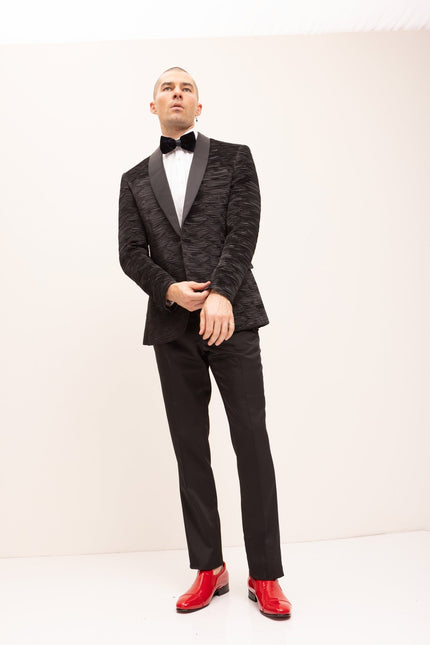 Allover Pleated Satin Tuxedo Jacket - Jet Black - Ron Tomson