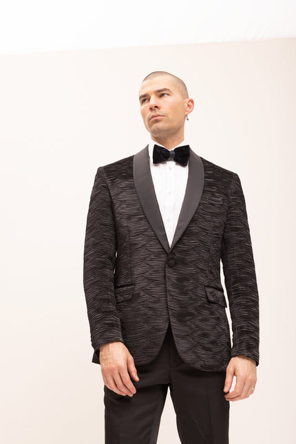 Allover Pleated Satin Tuxedo Jacket - Jet Black - Ron Tomson