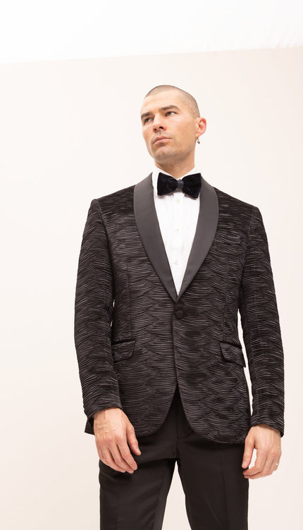 Allover Pleated Satin Tuxedo Jacket - Jet Black - Ron Tomson