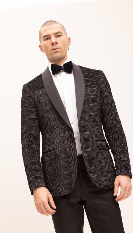 Allover Pleated Satin Tuxedo Jacket - Jet Black - Ron Tomson