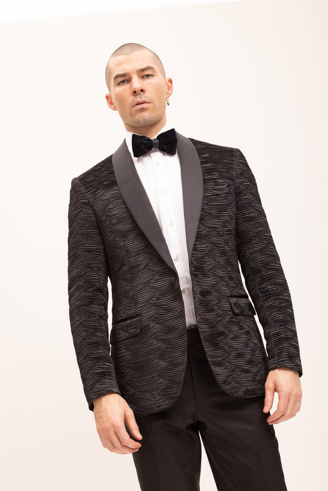 Allover Pleated Satin Tuxedo Jacket - Jet Black - Ron Tomson