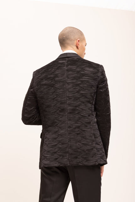 Allover Pleated Satin Tuxedo Jacket - Jet Black - Ron Tomson