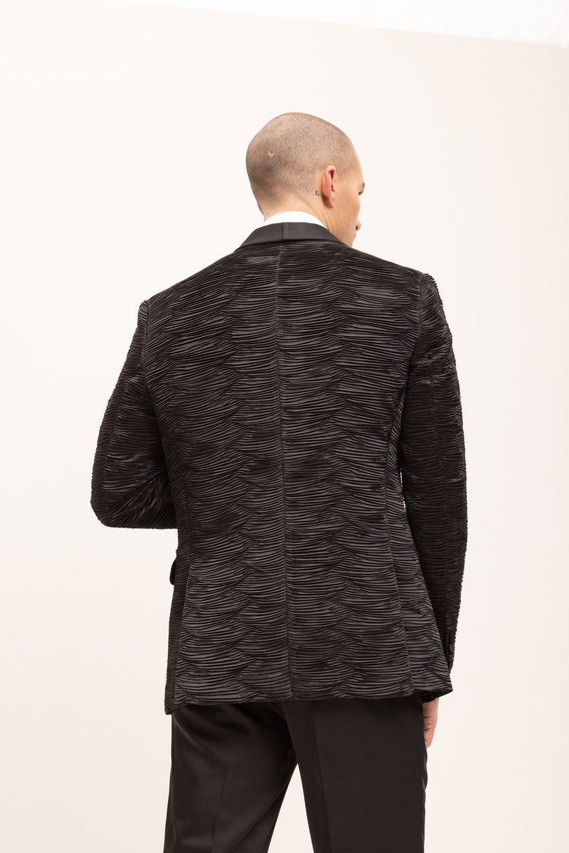 Allover Pleated Satin Tuxedo Jacket - Jet Black - Ron Tomson