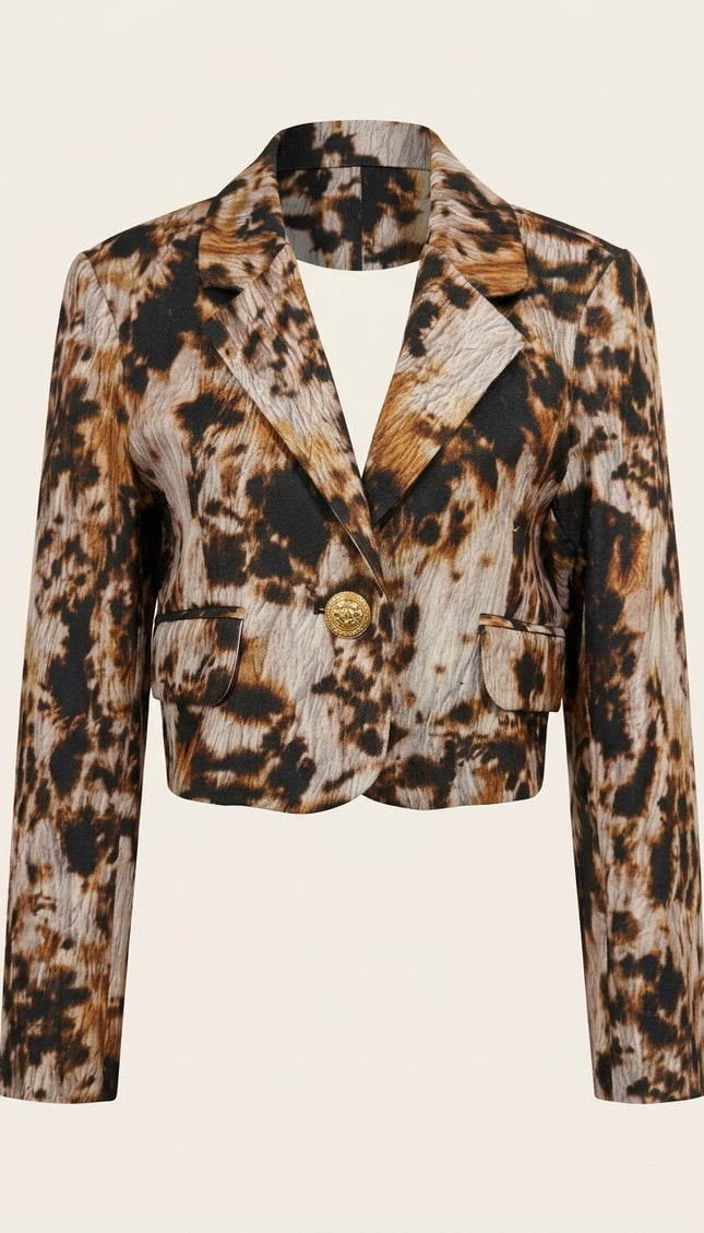 Allover Print Cropped Jacket - Brown - Front