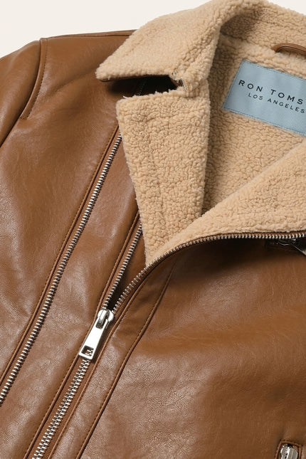 Ankara Faux Shearling Lined Flight Jacket Brown - Collar and Zip Detail