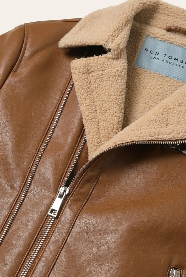 Ankara Faux Shearling Lined Flight Jacket Brown - Collar and Zip Detail