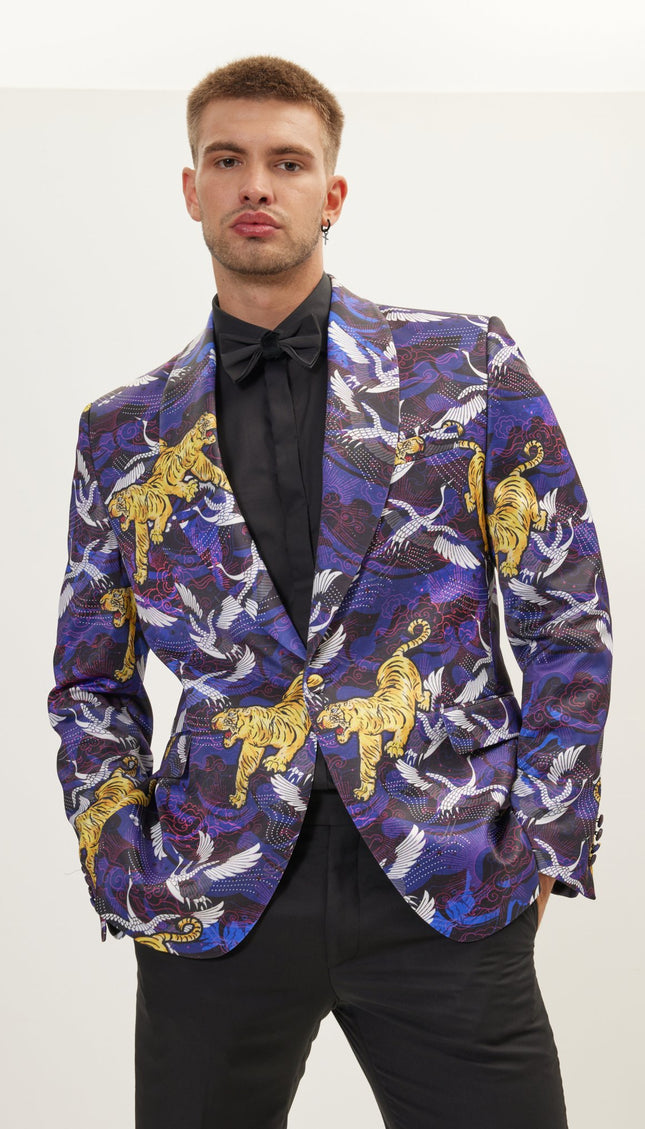 Asian Tiger Shawl Tuxedo Jacket - Purple - Ron Tomson