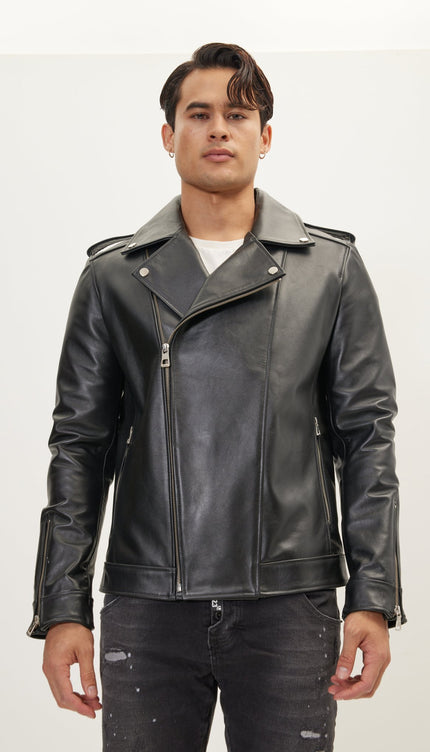 Asymmetric Epaulet Leather Jacket- Black Falcon - Ron Tomson