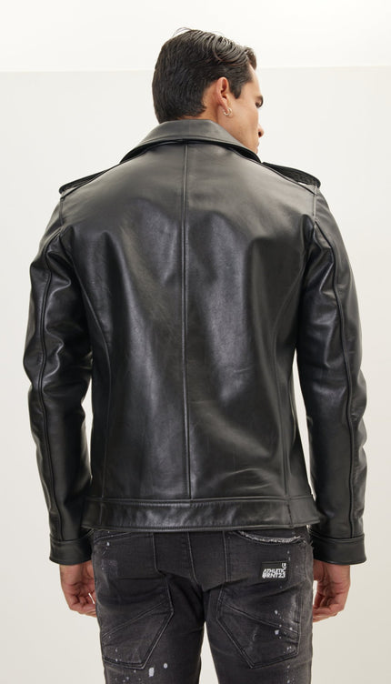 Asymmetric Epaulet Leather Jacket- Black Falcon - Ron Tomson