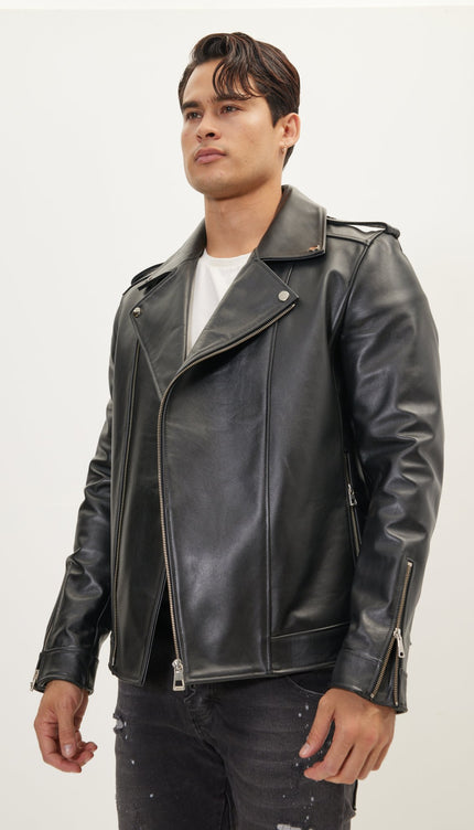 Asymmetric Epaulet Leather Jacket- Black Falcon - Ron Tomson