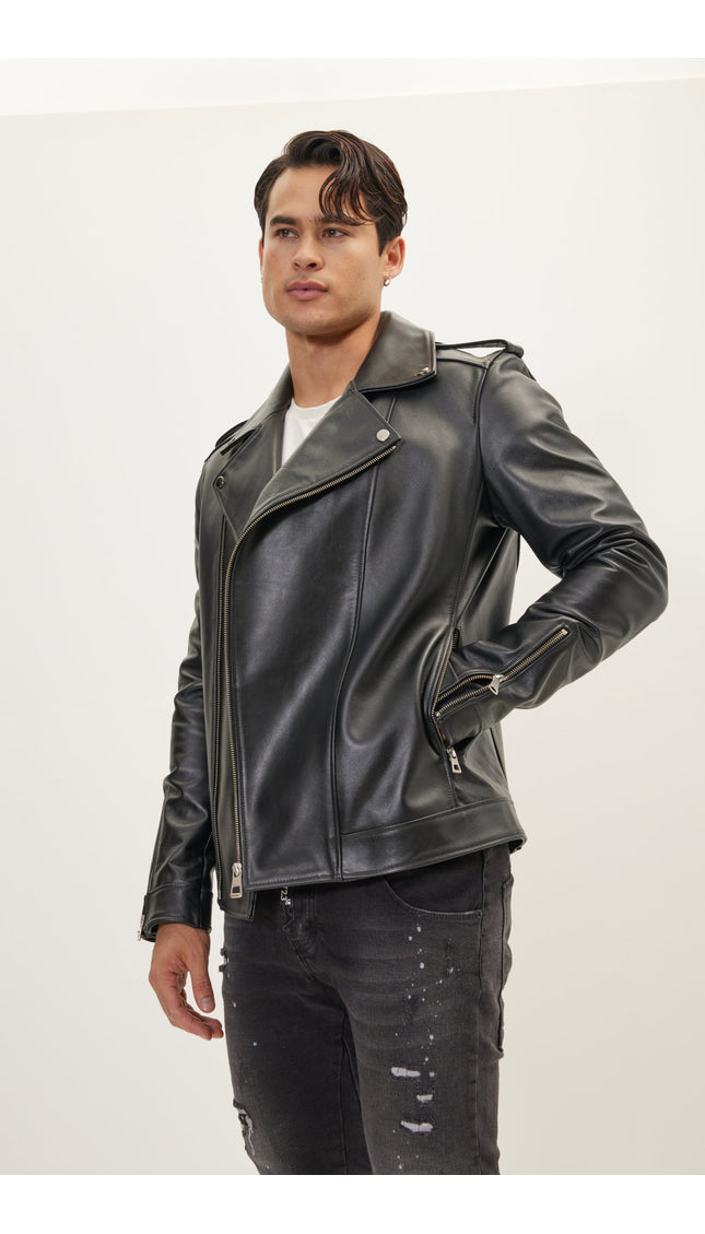 Asymmetric Epaulet Leather Jacket- Black Falcon - Ron Tomson