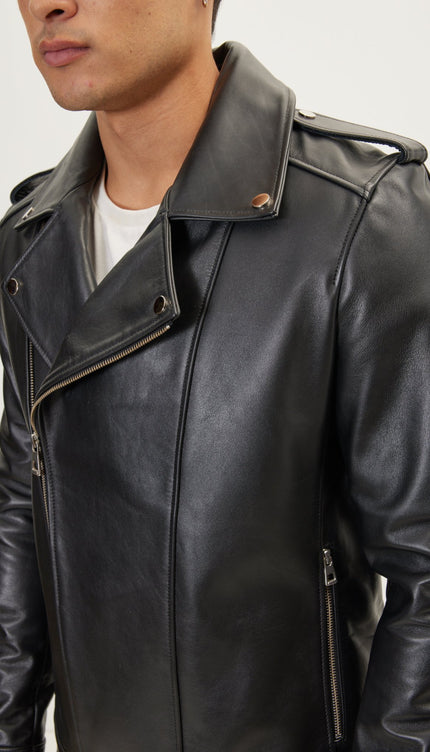 Asymmetric Epaulet Leather Jacket- Black Falcon - Ron Tomson