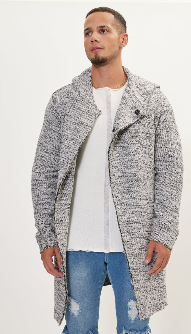 Asymmetric hooded long cardigan - White Black - Ron Tomson