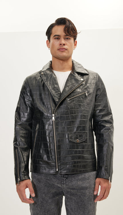 Asymmetric Leather Jacket - Black Croc Embossed - Ron Tomson