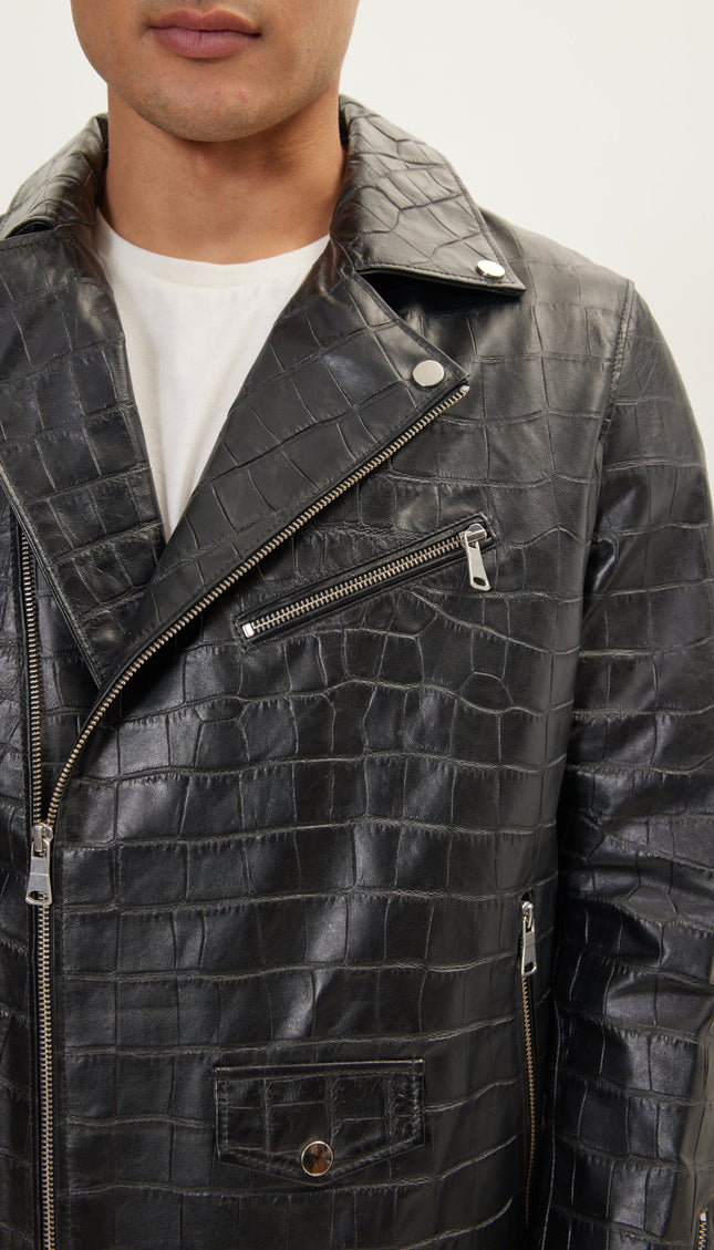 Asymmetric Leather Jacket - Black Croc Embossed - Ron Tomson