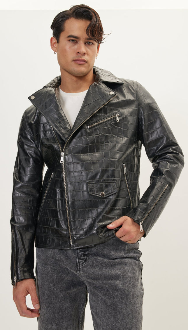 Asymmetric Leather Jacket - Black Croc Embossed - Ron Tomson