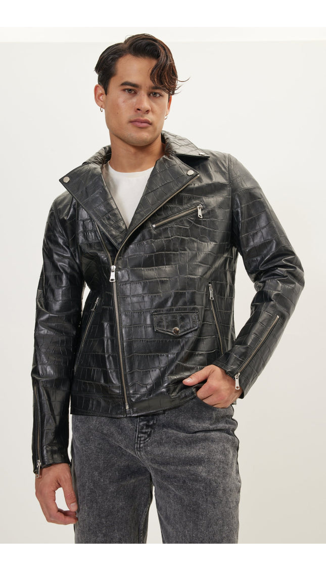 Asymmetric Leather Jacket - Black Croc Embossed - Ron Tomson