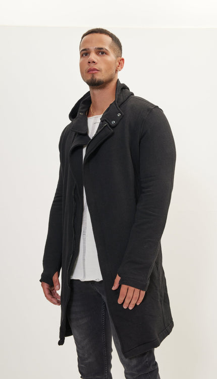 Asymmetric Rebel Cardigan Zipper Closure With Hood - Black - Ron Tomson