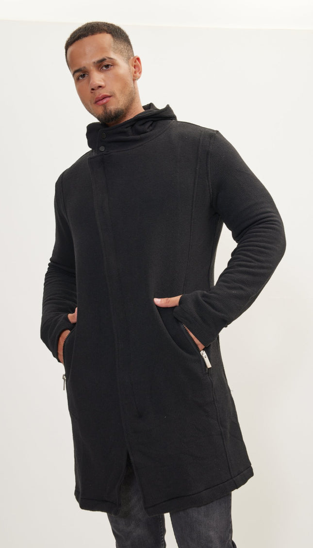 Asymmetric Rebel Cardigan Zipper Closure With Hood - Black - Ron Tomson