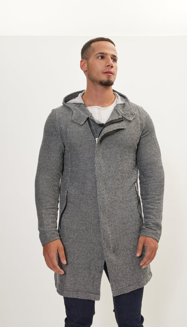 Asymmetric Rebel Cardigan Zipper Closure With Hood - Black White - Ron Tomson