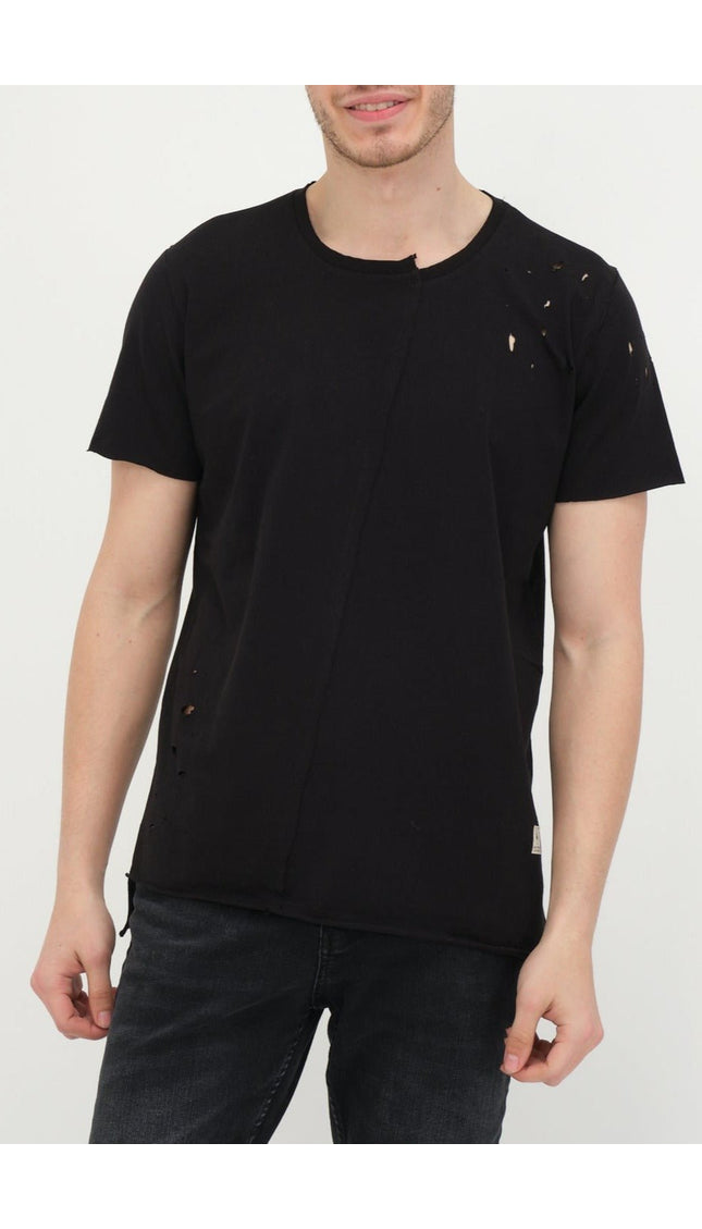 Asymmetric Stitched Distorted T-Shirt - Black - Ron Tomson