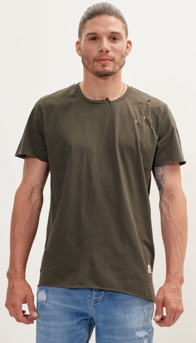 Asymmetric Stitched Distorted T-Shirt - Khaki - Ron Tomson
