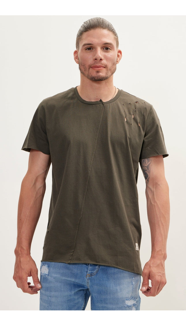 Asymmetric Stitched Distorted T-Shirt - Khaki - Ron Tomson