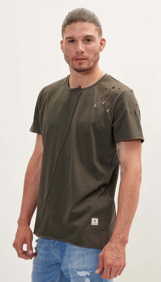 Asymmetric Stitched Distorted T-Shirt - Khaki - Ron Tomson