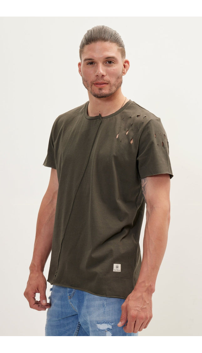 Asymmetric Stitched Distorted T-Shirt - Khaki - Ron Tomson
