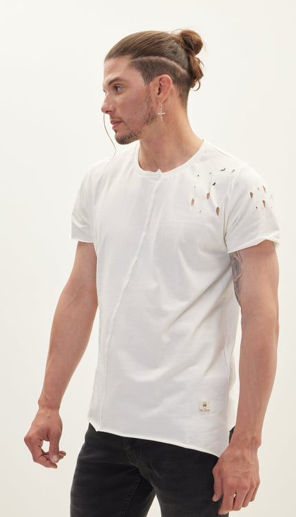 Asymmetric Stitched Distorted T-Shirt - Off White - Ron Tomson